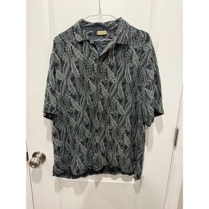 Axist Mens Shirt 100% Silk Botanical Leaf Print Black Green Size L